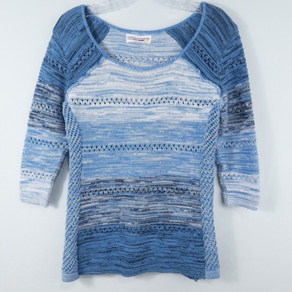 Cotton Country 3/4 Sleeve Crochet Knit‎ Sweater Womens Medium Blue Coastal Boho